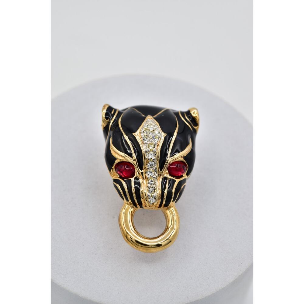 Vintage NOS Panther Head Clip On Earrings Red Cabochon Black Enamel 1980s A28 - Picture 12 of 12